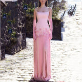 Unique Mermaid Strapless Pink Tassel Prom Dresses With Gloves For Teens Formal Dress Party Outfits Prom Gown HZ0311