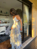 Mermaid Prom Dresses Spaghetti Straps Sexy Special Dress Blue Floral Party Gowns HZ0311