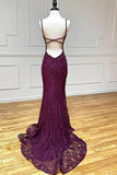 Mermaid Grape Lace Spaghetti Straps Backless Open Backs Long Prom Dress Inspiration Prom Dresses HZ0311