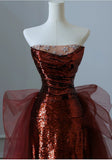 Mermaid Burgundy Mermaid Sequins Tulle Strapless Prom Dress Inspiration Prom Dresses HZ0311