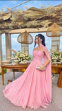 Simple A Line Strapless Pink Chiffon With Scarf Long Prom Dresses Impress Wedding Guest Dress Party Gown HZ0311