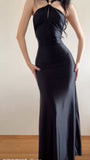 Women's Cocktail Party Gowns Mermaid Halter Black Satin With Pleated Ruched Graduation Dinner Outfits Prom Dresses HZ0311
