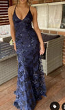 Elegant Mermaid Halter Sleeveless Navy Blue With Lace Long Sequins Backless Prom Dresses Vestidos De Dia HZ0311