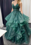 Chic Ball Gown Spaghetti Straps Green Tulle Long Prom Dress Evening Formal Gowns HZ0311
