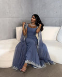 Vintage Dusty Blue Mermaid Evening Dress Applique Beaded Prom Dress Unique Cape Design Long Party Dress Birthday Outfits HZ0311