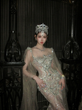 Glittery Mermaid Silver Sequin Long Court Train Wedding Dress With Cape Fairytale Brides Gown Wedding Dresses HZ0311