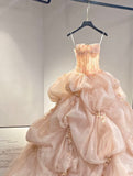 Cute Ball Gown Strapless Blush Pink Tulle Flowers Long Prom Dress Sweet 15 16 Dresses HZ0311