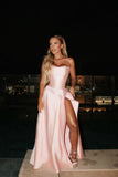 Fitted A line Strapless Pink Satin Sleeveless Slit Floor Length Prom Dresses HZ0311