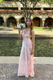 Spaghetti Straps Pink Sheer Lace Long Dress For Teens Prom Dresses HZ0311