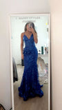 Fitted Mermaid Spaghetti Straps Royal Blue Sequins Long Sleeveless Floor Length Prom Dresses HZ0311