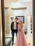 Modest A Line Sweetheart Pink Tulle Lace Appliqued Long Formal Party Dress For Teens Prom Dresses HZ0311