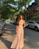 Spaghetti Straps Pink Sheer Lace Long Dress For Teens Prom Dresses HZ0311