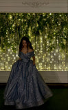 Sparkly A line Off The Shoulder Sweep Train Gray Sequins Prom Dresses With Pleated Formal Dresses Party Dress HZ0311