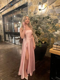 Elegant A line Spaghetti Straps Pink Satin Long Prom Dresses Formal Party Gowns Vestidos De Dia HZ0311