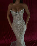 Sparkly Mermaid Strapless Champagne Sequin Prom Dress Women Long Formal Dance Party Gowns HZ0311