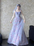 Princess Ball Gown Square Neck Lilac Lace Floral Long Prom Dress Fashion Aesthetic For Teens Formal Dresses Party Outfits Prom Gown HZ0311