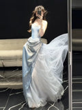 Glittery A Line Strapless Light Blue Sleeveless Prom Dresses Inspiration Long Night Outfits Birthday Outfits HZ0311