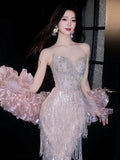 Glittery Sheath Strapless With Tassels Beads Sleeveless Pink Prom Dresses Inspiration Long Night Outfits Birthday Outfits HZ0311