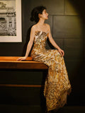 Glitter Mermaid Strapless Gold Sleeveless Prom Dresses Inspiration Long Night Outfits 18th Birthday Outfits HZ0311