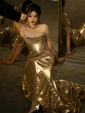 Mermaid Off The Shoulder Gold Sequin Short Sleeves Prom Dresses Inspiration Long Night Outfits Birthday Outfit HZ0311