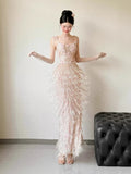 Glittery A line Spaghetti Strap With Tassels Beads Sleeveless Pink Prom Dresses Inspiration Long Night Outfits 18th Birthday Outfits HZ0311