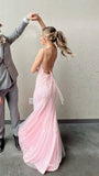 Cute Mermaid Spaghetti Straps Pink Backless Lace Floor Length Prom Dress Inspiration Long Prom Dresses HZ0311