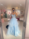 Unique Ball Gown Spaghetti Straps Light Sky Blue Lace Prom Dress Formal Long Tiered Evening Party Gowns Vestidos De Dia HZ0311