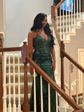 Glitter Mermaid Spaghetti Straps Dark Green Sequin Lace Evening For Women Party Dresses Long Formal Prom Dress 18th Birthday Gown HZ0311