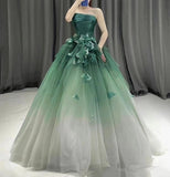 Chic Ball Gown Strapless Green Tulle Long Formal Fancy Prom Evening Dress Dinner Outfits Classy Party Gowns For Teens Girls HZ0311