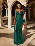 Red Strapless Beaded Fringe Waist Sequin Prom Dress with High Slit For Women HZ0311