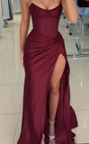 Sexy Mermaid Strapless Burgundy Satin With Beaded Split Prom Dresses Long Evening Formal Gown With Pleated Party Gowns HZ0311