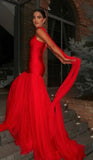 Simple Mermaid Strapless Red Sleeveless Chiffon Simple Evening Formal Prom Dresses With Scarf HZ0311