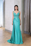 Vintage Mermaid Spaghetti Straps Blue Satin Slit Long Formal Prom Dresses Night Outfits Party Gowns HZ0311