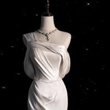 Mermaid Ivory White Satin One Shoulder Pleats Wedding Dress HZ0311