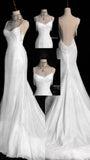 Mermaid Ivory White Sequin Spaghetti Straps Long Backless Pleats Wedding Dress HZ0311