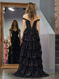 Sparkly Ball Gown Off The Shoulder Lace Slit For High School Teens Girls Prom Dresses Sequin Long Formal Evening Party Gowns HZ0311