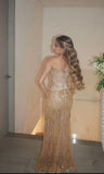 Gorgeous Mermaid Sweetheart Prom Dresses Gold Sequin Beaded Crystals Long Formal Evening Party Gown HZ0311