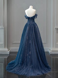 A-Line Off Shoulder Tulle Lace Dark Blue Long Prom Dresses HZ0311
