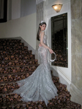 Luxurious Wedding Dresses Mermaid Scoop Neck With Beads Gem Silver Sequin Brides Dress For Brides Fitted Bridal Gown HZ0311