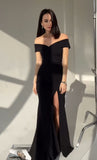 Simple Mermaid Off The Shoulder Navy Blue With Split Long Formal Fancy Prom Evening Dress Dinner Outfits Classy Party Gowns For Black Girls HZ0311