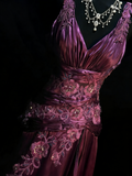 Vintage A Line V Neck Grape Satin With Beadings Lace Floor Length Inspiration Long Prom Dresses HZ0311