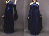 Vintage Dark Blue Halter Neck A-Line Velvet Long Formal Prom Dress Evening Dress, HZ0427