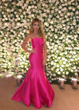 Simple Mermaid Strapless Hot Pink Satin Long Prom Dresses Inspiration Evening Gowns For Women Formal Party Prom Dress HZ0311