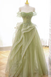 Elegant Sage Green Tulle Lace Prom Dress Off The Shoulder Long Evening Party Dress Prom Gowns HZ0311