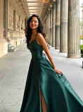 Vintage A Line Spaghetti Strap Dark Green Satin Slit Prom Dresses For Teens Formal Dress Party Outfits Prom Gowns HZ0311