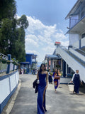 Sexy Mermaid Spaghetti Strap Satin Navy Blue Slit Prom Dresses For Teens Formal Dress Party Outfits Prom Gowns HZ0311