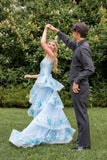 Modest Ball Gown V Neckline Light Sky Blue Lace Prom Dresses Long Party Dress Evening Dresses HZ0311