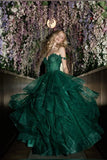 Modest Ball Gown Off The Shoulder Tulle Lace Appliqued Dark Green Long Prom Dress Evening Formal Gowns HZ0311