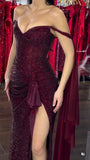 Glamorous Dark Off The Shoulder Burgundy Sequined Long Slit Prom Dresses Mermaid With Beads HZ0311