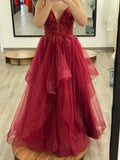 Modest Ball Gown Spaghetti Strap Burgundy Tulle Prom Dresses Inspo For Teens Formal Dress Party Outfits Prom Gowns HZ0311